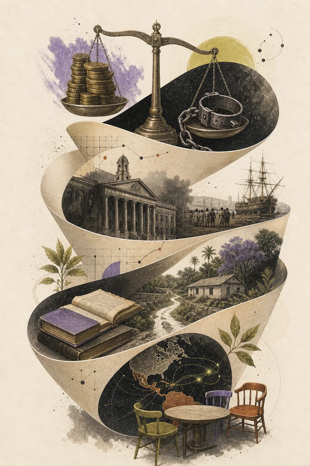 Editorial collage for The Debt That Remains