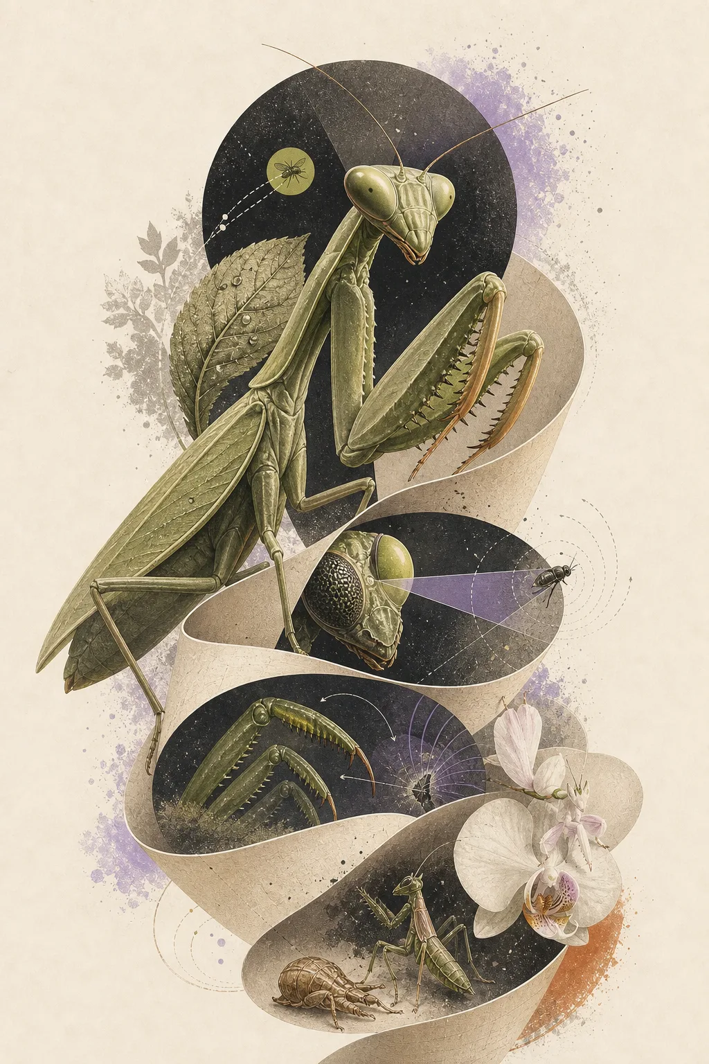 Editorial collage for The Mantis’s Waiting Game